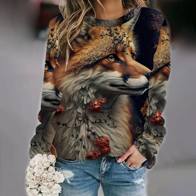 Trendy Casual Women's Tops 3d Fox Printed Round Neck Long Sleeve Shirts & Blouses Autumn & Winter Sweatshirts Female Clothes