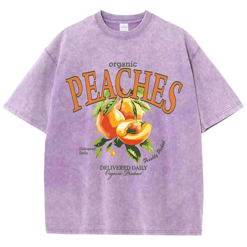 Casual Woman Acid Wash T-Shirts Fresh Peaches Delivered Daily Prints Tops Distressed Crewneck Oversize Cotton Clothes