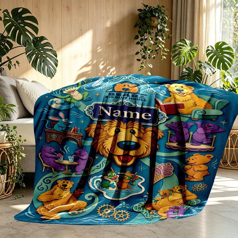 Custom Name Personalized Bear in the Big Blue House Print Blanket, Home Decor, Bedroom, Sofa, Camping, Couch, Gifts for Birthday Christmas