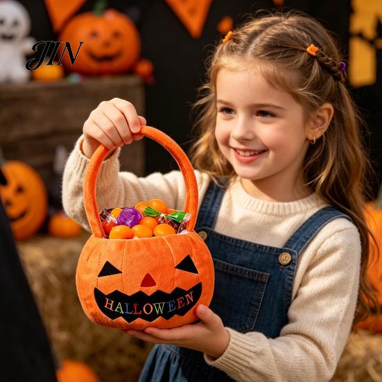 Plush Pumpkin Tote Halloween Treat Bag, Portable Candy for Kids, Large Capacity Kids Carrier Trick or Handbag with Soft Handle, Party Favor