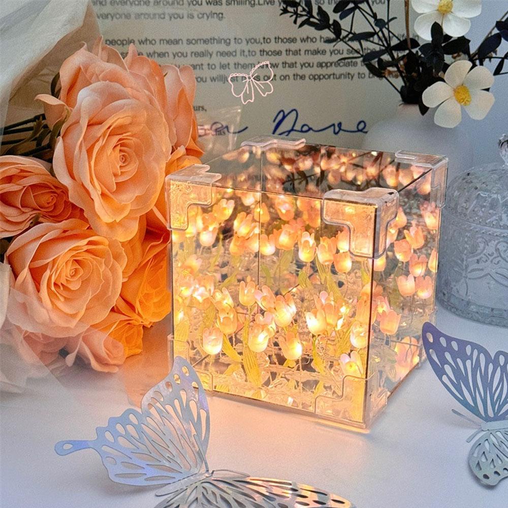 DIY Тюльпан Зеркальный Куб Лампа Имитация Цветка Спальня Спальная Настольная Лампа Ручной Работы Тюльпаны Зеркало Ночник Подарок На День Рождения