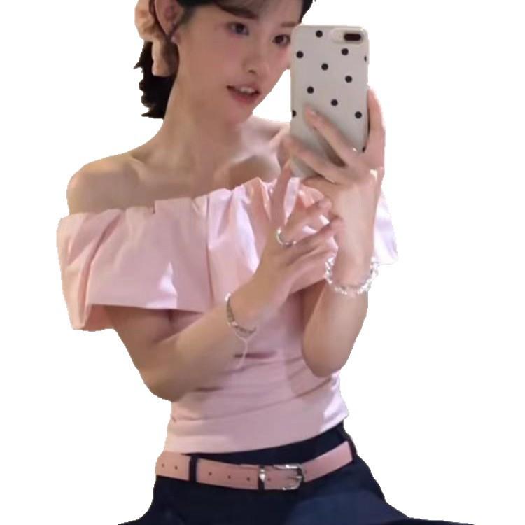 French one-word shoulder ruffle short T-shirt women's summer waist pure desire wind off the shoulder sexy slim top