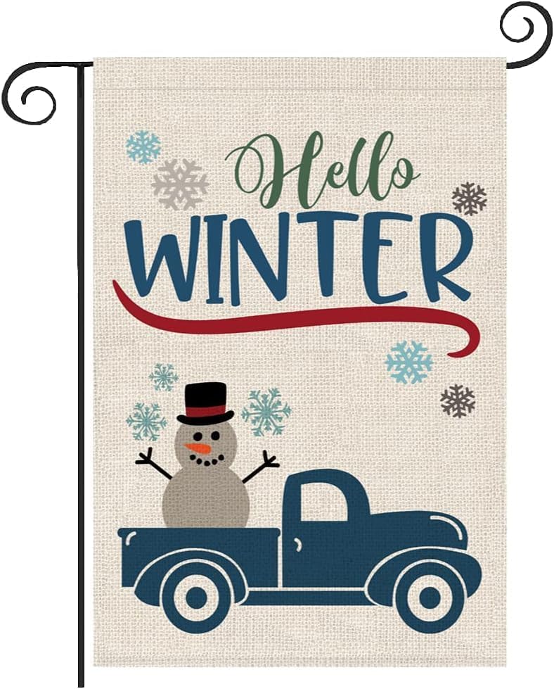 Hello Winter Baby It is Cold Outside Garden ag 12x18 inches, Fome Outdoor Yard Black and White Plaid Snowman Blue Truck Ga WZZ