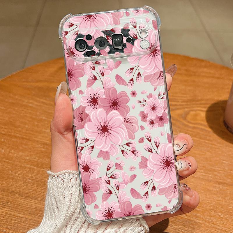 Pink Flowers Pattern Transparent Case For Google Pixel 9 Pro 9A Pixel 9 Pro XL Clear Shockproof Anti-Fall TPU Soft Phone Cover