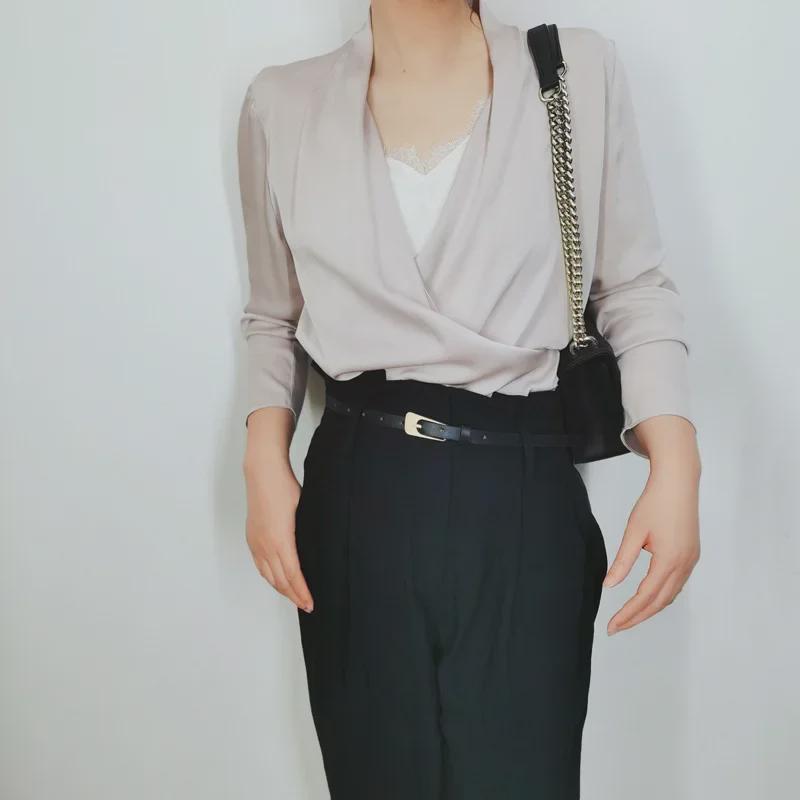 Clearance Women's V-Neck Long-Sleeve Silk Shirt - Fashionable Cream Pink with Swing Collar