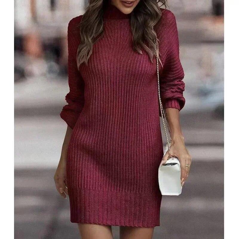Casual Solid Turtleneck Sweater Dress Winter Knitted Long Sleeve Knitwear Dress Fashion Office-lady Clothing 29885