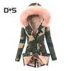 Women Winter Down Coat Faux Fur Fleece-lined Zip-up Press Button Closure Windproof Mid Length Jacket Camouflage Print Slim Fit Outerwear