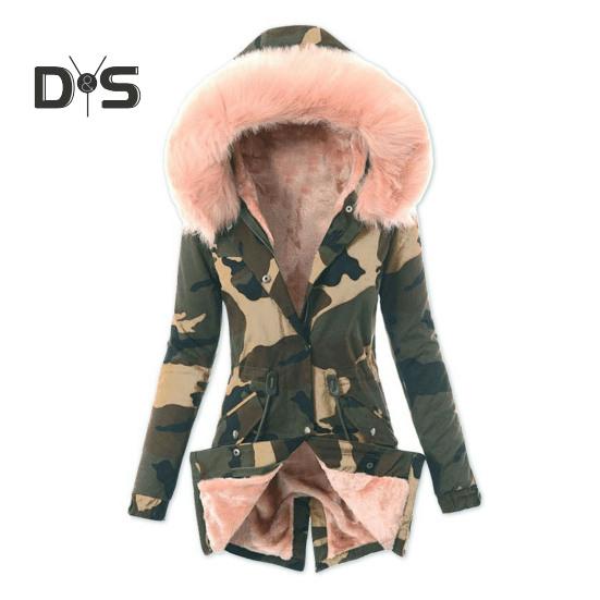 Women Winter Down Coat Faux Fur Fleece-lined Zip-up Press Button Closure Windproof Mid Length Jacket Camouflage Print Slim Fit Outerwear
