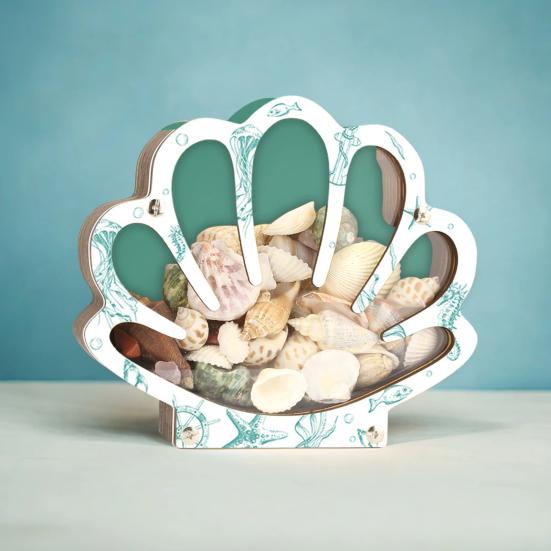 Wooden Shell Display Case Handcrafted Rustic Sea Shell Shadow Box Seashell Shaped Storage Display Box Home Office Desktop Decoration