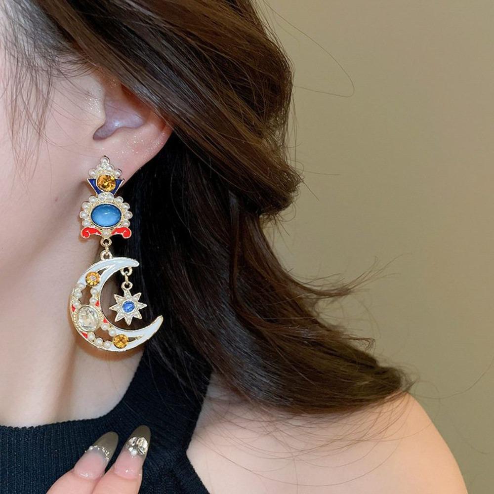 Rhinestone Star Pendant Earrings Ear Jewelry Moon Stud Earrings Vintage Earrings Women Party