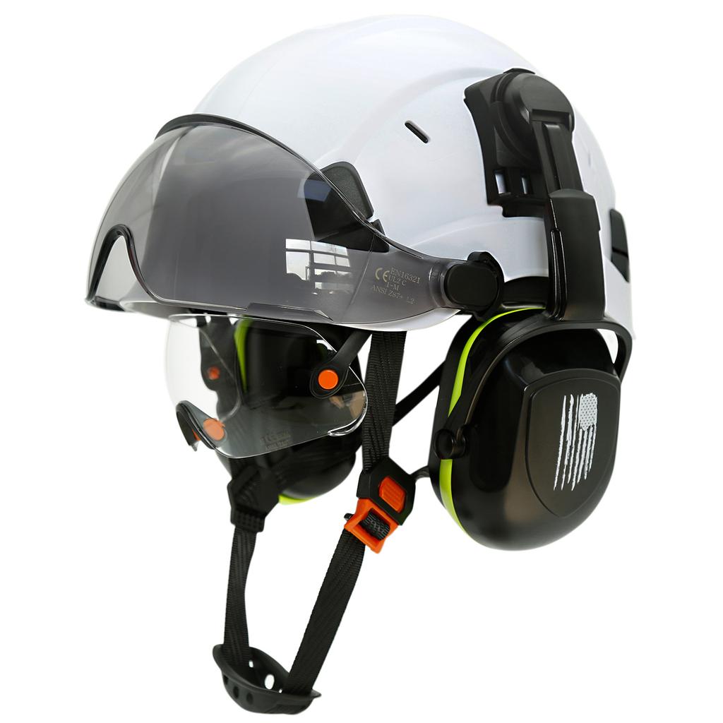 Safety Helmet With Visors Built In Goggles Contrast Color Earmuff Noise Reduction for Engineer Hard Hat ANSI Industrial Work Cap