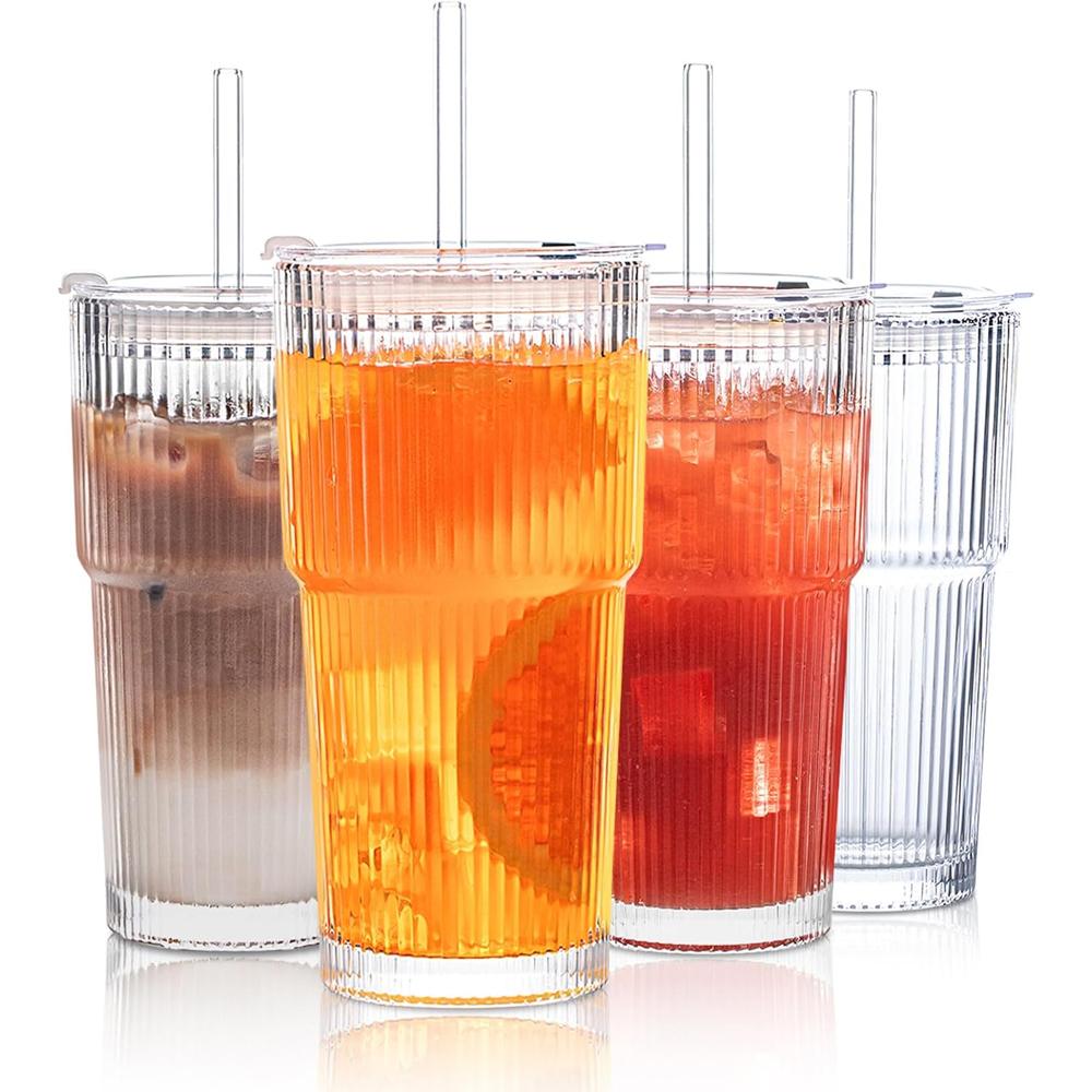 1/2/4Piece 20Ounces Glass Cup with Leak Proof Lid Thickened Glass and Glass Straw for Iced Coffee Smoothies Cocktails and Juices