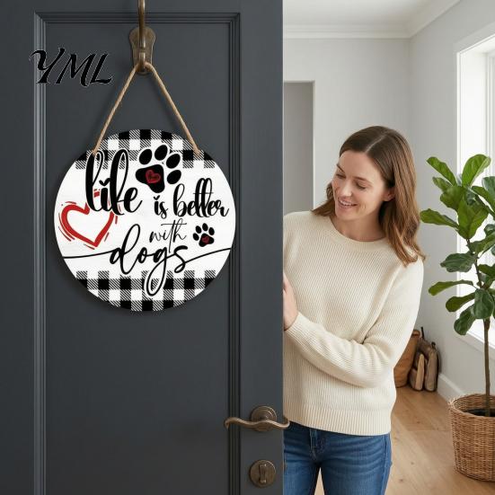 Entryway Wall Hanging Rustic Wooden Welcome Sign for Front Door with Cute Pet Paw Prints, Creative Dog Art Decor Hemp Rope Home Porch Farmhouse