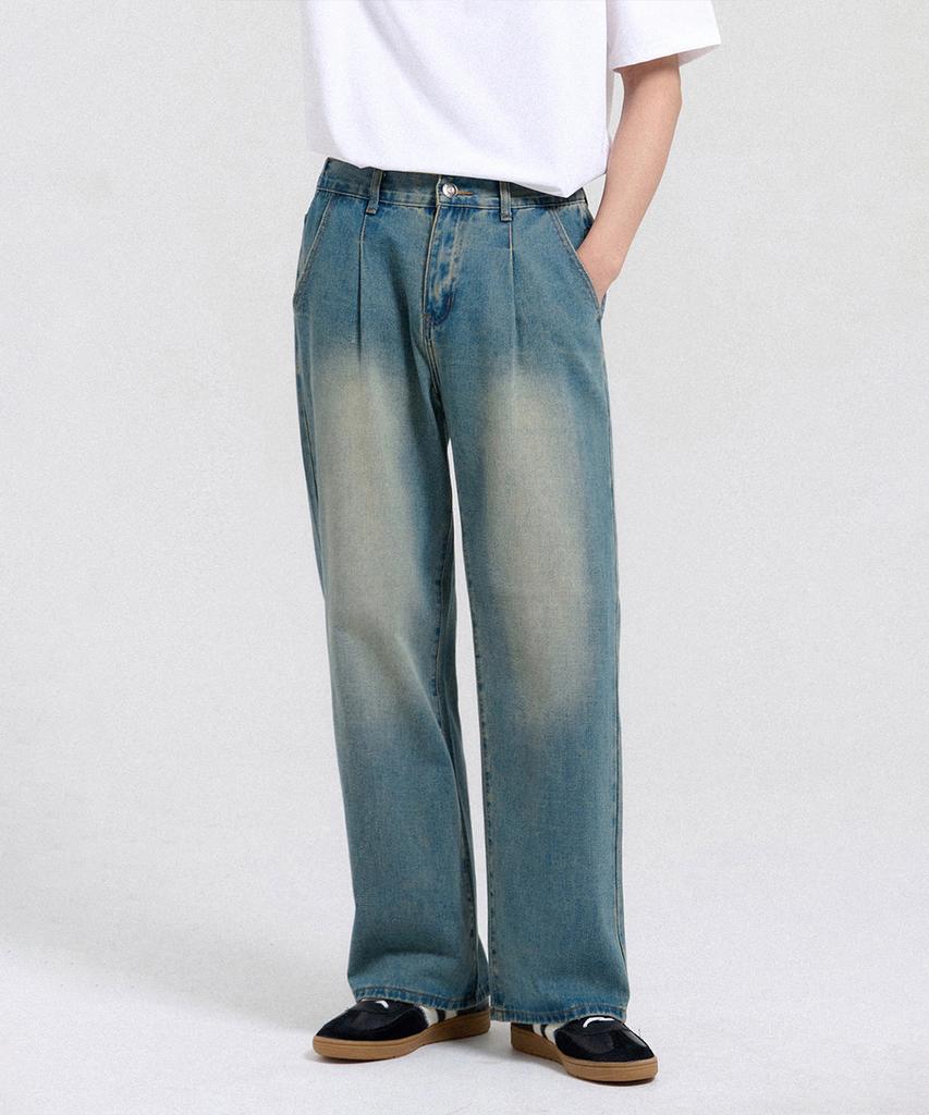 CREEDMENS Lead Half-Banding Single-Pleat Semi-Wide Denim Pants (Vintage Blue)