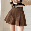 Women's High Waist A-line Khaki Corduroy Pleated Skirt Shorts - Autumn/Winter European Style Casual Wear