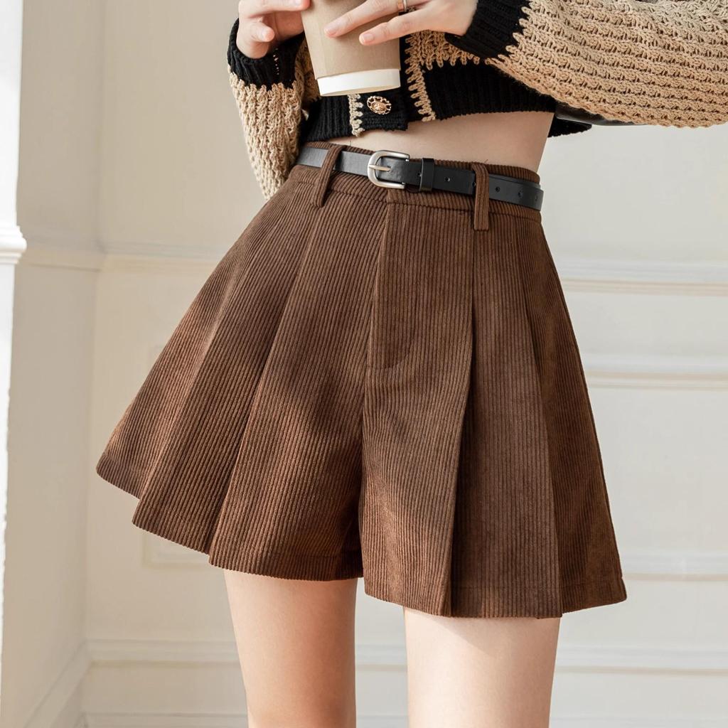 Women's High Waist A-line Khaki Corduroy Pleated Skirt Shorts - Autumn/Winter European Style Casual Wear