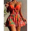 Ladies Swimsuit Biquini Outfits Summer Halter Bra+Thong+Skirts Three Piece Bathing Suit Sexy Flower Print Beach Bikini For Women