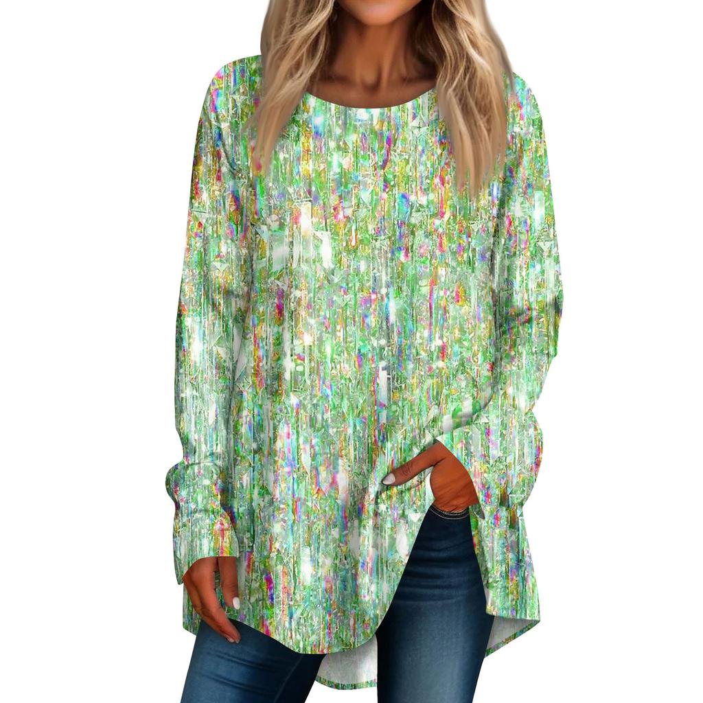 Женская повседневная футболка с длинным рукавом с круглым вырезом и принтом пайеток