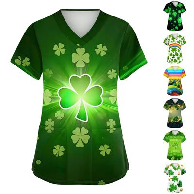 Женская мода с v-образным вырезом, короткими рукавами и карманами, топы с принтом