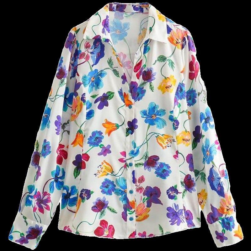Fashion Style 2024 Spring New Women's Clothing Temperament Wild Florals Print Satin Shirt 2603121 330