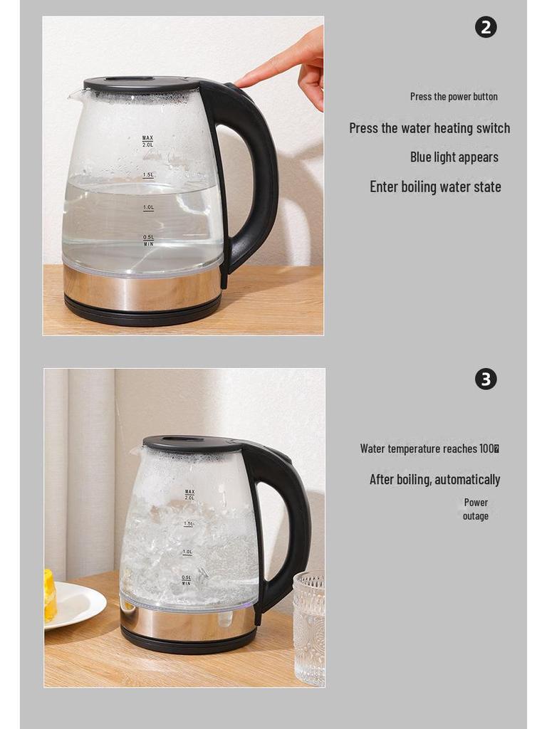 Электрический чайник с двумя напряжениями 110 В/220 В, нержавеющая сталь и стекло с синей светодиодной подсветкой