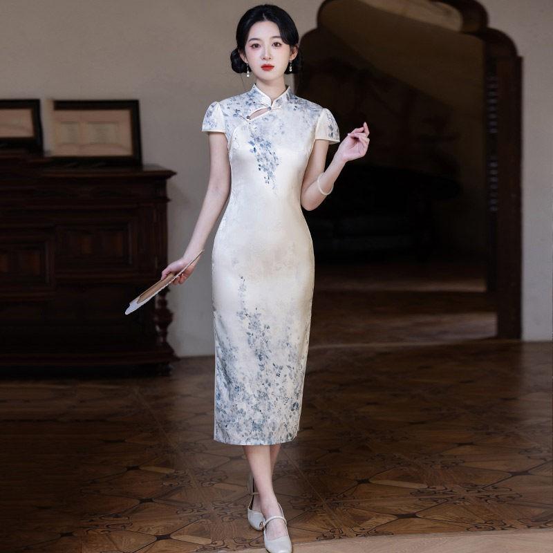 Elegant Modern Cheongsam Dress Women 2026 Lightweight Stretchable Cotton Blend Long Qipao With Stand Collar Design