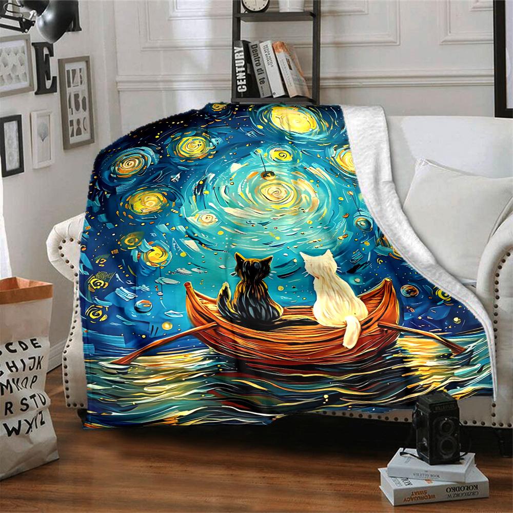 1pc Cat Night Lightweight Flannel Blanket, Comfortable and Warm Blanket, for Office and Camping Sofa Bed, Livingroom106