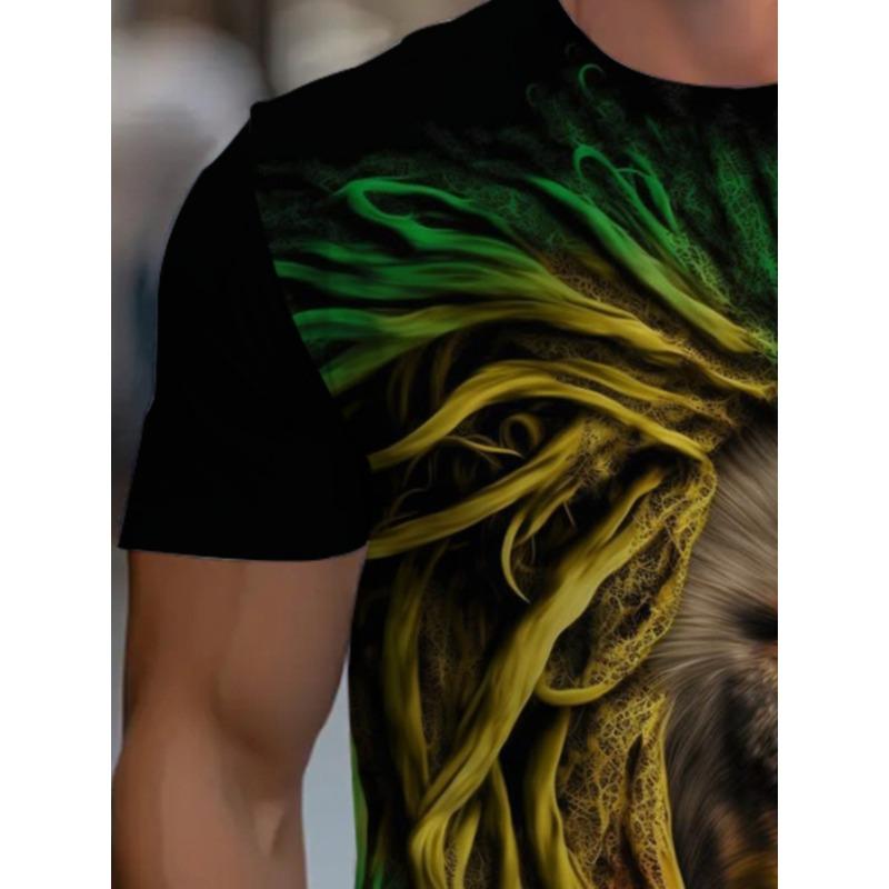 Men's Reggae Lion 3D Printed T-Shirt Casual Short Sleeve Crewneck Top Colorful Rasta Animal King Graphic Tee Hip Hop Style Streetwear Fashion Apparel