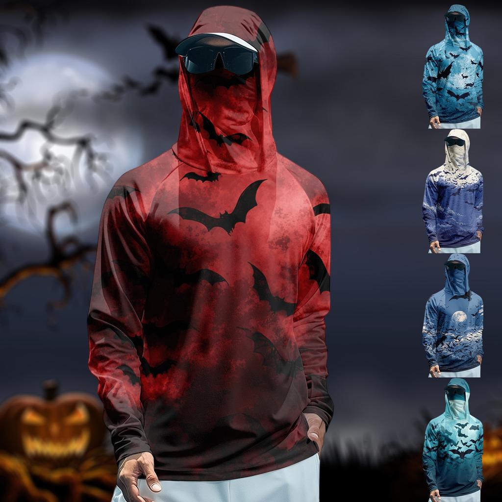 Мужская худи реглан для рыбалки с принтами на Хэллоуин - UPF 50+ УФ защита, длинный рукав, солнцезащитная рубашка с сетчатым козырьком