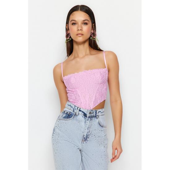 Crop Lined Corset Detailed Lace Bustier