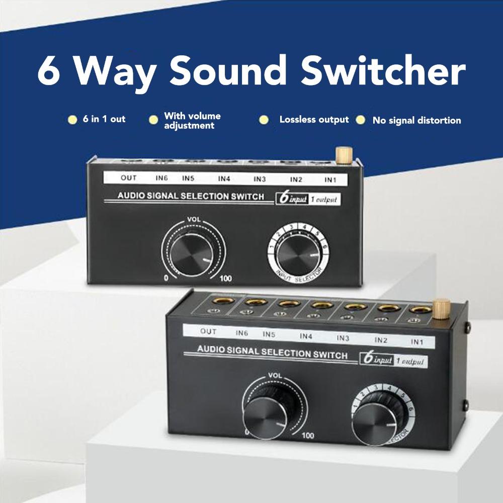 with Volume Control Knob 6 Way Sound Switcher Stereo Audio Switcher for Speaker Subwoofer
