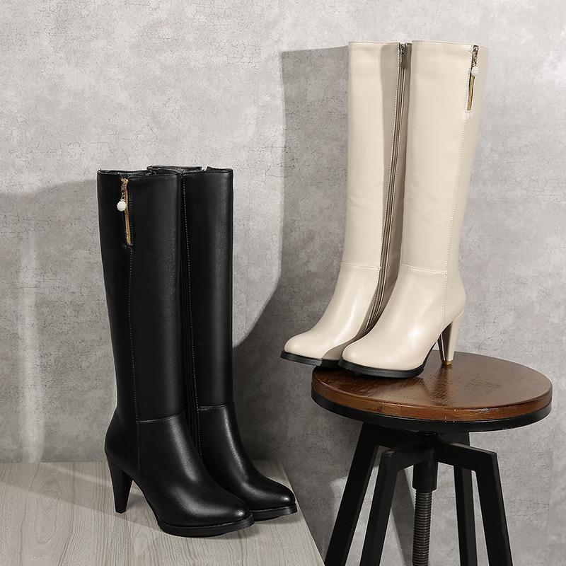 Women's High-heeled Boots Autumn and Winter New Style European and American Style Slim Heel Solid Color Plus Size Mid Length Boots