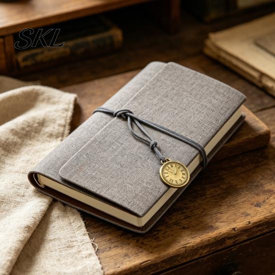Faux Leather Notebook Writing Journal Notebook, 6 Ring Loose Leaf Binder, 7 Retro Pocket Clock Decoration Inch Diary Sketchbook with Pendant