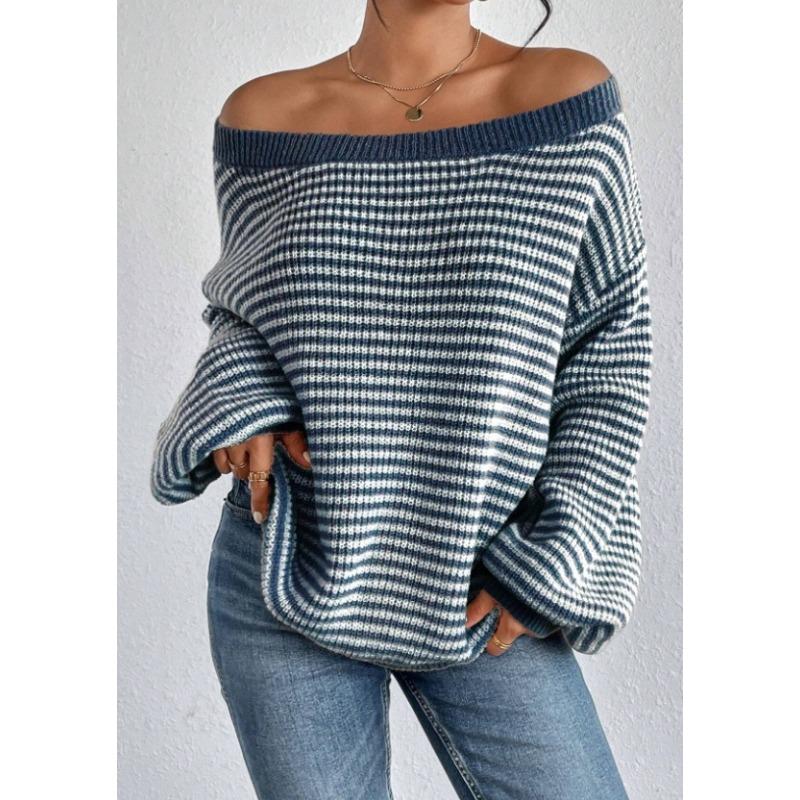Autumn and Winter Clashing Color Striped Lantern Sleeve One-line Collar Strapless Knitted Sweater