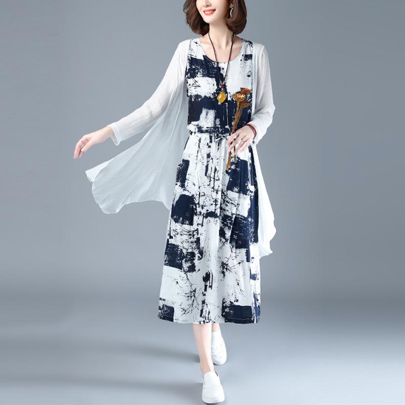 Женский летний костюм-двойка из хлопка и льна с шалью с принтом тушью, 2025