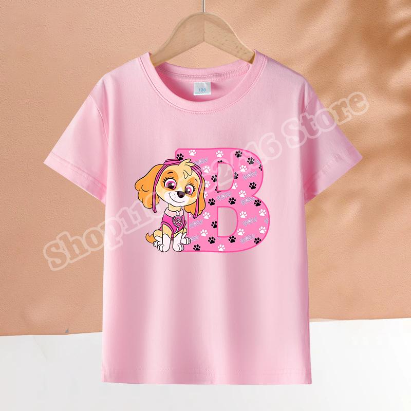 Paw Patrol Children's Pink Short-sleeve T-shirt, Girls' Skye Top, Cartoon 26-letter Printed Pullover, Children's Birthday Gift