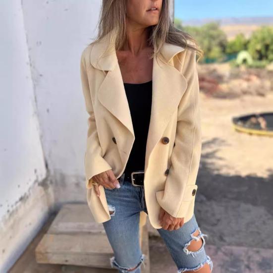 Women Winter Overcoat Turn-down Collar Solid Color Double-sided Woolen Double-breasted Loose Fit Coat Thermal Long Sleeved Commuting Dating Coat