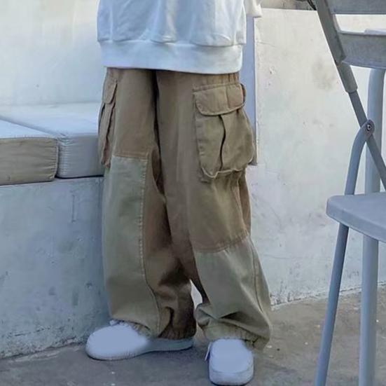 Autumn Cargo Pants Color Block Elastic Waist Drawstring Multi Pockets Patchwork Trousers for Sports