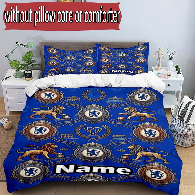 3pcs Duvet Cover Set (1*Duvet Cover + 2*Pillowcase, Without Core), Custom Name Chelsea Football Club Pattern Bedding Set, Home Bedroom Decor Gift