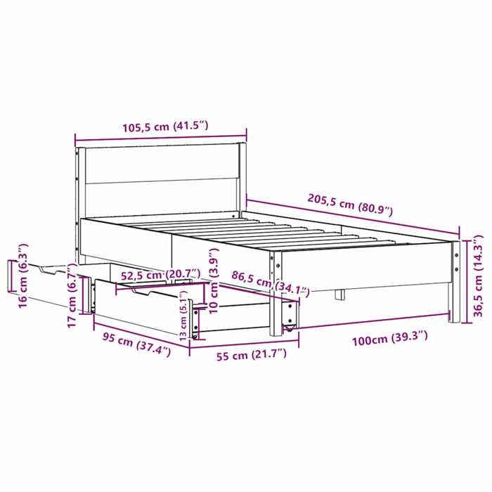 VidaXL Cadre de lit et tête de lit blanc 100x200 cm bois de pin massif, meuble de chambre à coucher, sommier, lit en bois, 3301756