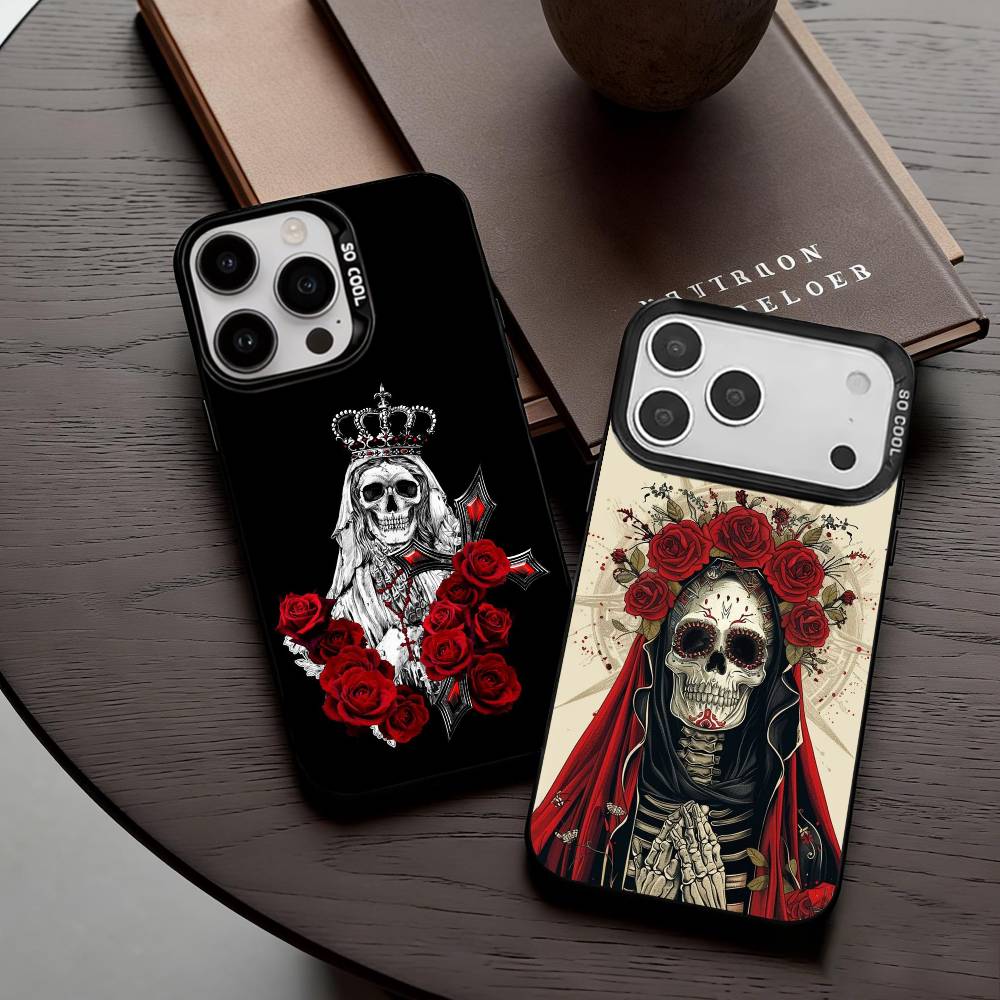 Чехол для телефона с принтом Санта Муэрте M-Muerte P-print-T Для iPhone17,16,15,14,13,12,11 Plus,Pro Max Черный Серебристый Candy чехол для телефона