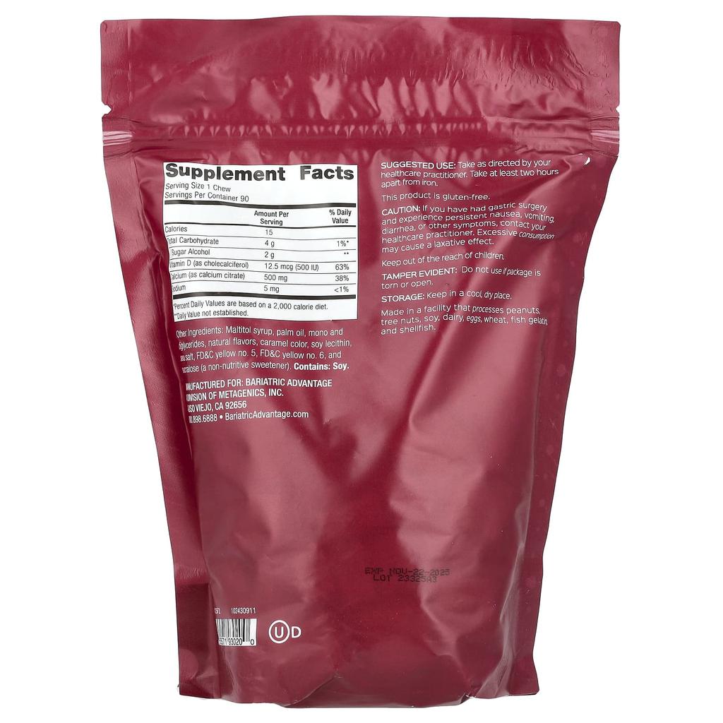 Calcium Citrate Chewy Bites, Sugar Free, Caramel Flavor, Soft Chews, 90 Pieces