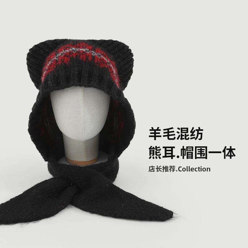 Жаккардовая вязаная шапка с медвежьими ушками в стиле Fair Isle, женская универсальная теплая и ветрозащитная, для большого обхвата головы, с защитой лица и шеи, шерстяная шапка