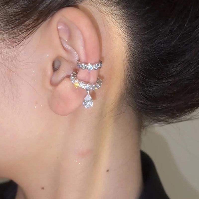 2Pcs Waterdrop Zircon Korean Ear Cuff Clip On Earrings for Women No Piercing C Shape Clip Ear Luxury Rhinestone Y2K Jewelry