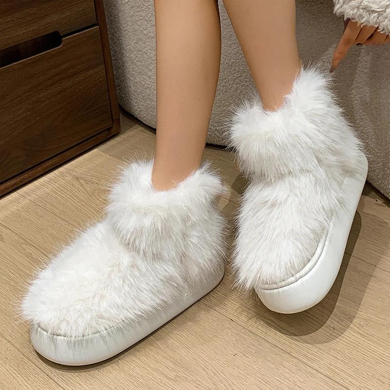 Модные белые толстые плюшевые сноубутсы женские на платформе пушистые из искусственного меха зимние ботинки женские удобные слипоны теплые хлопковые ботинки с подкладкой