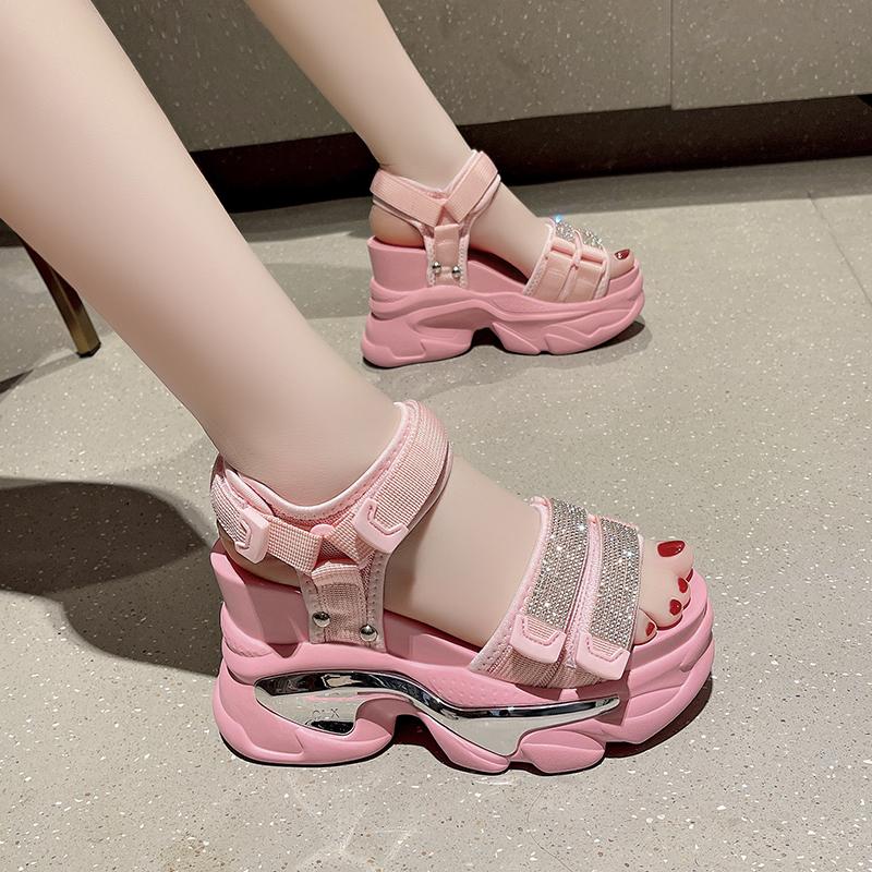 Fashion 10CM High Heels Ladies Crystal Beach Slippers Chunky Shoes Sandalias Mujer Platform Bling Sandals Women Summer Breathable Wedges