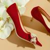Rimocy Sexy Red Velvet Wedding Shoes For Women  Luxury Pearl Bowknot Pointed Toe Pumps Woman Stiletto High Heels Dress Shoes