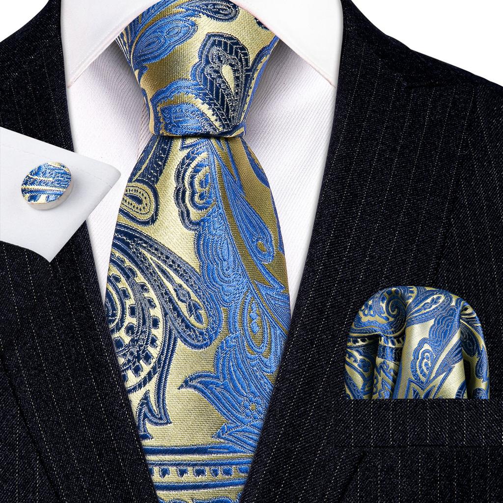 Barry.Wang Mens Ties Fashion Paisley Jacquare Silk Hanky Cufflinks Neckties Set Formal Casual