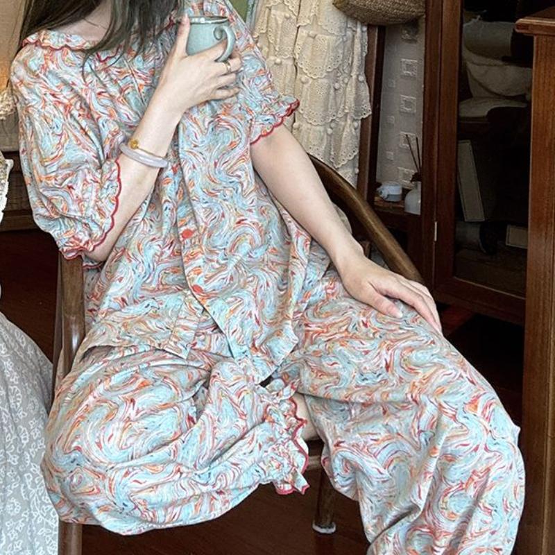 Пижамный костюм со штанами, женская домашняя одежда, летняя тонкая верхняя одежда в стиле ретро, удобная повседневная свободная одежда большого размера