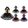 Kids Girls Stylish Mesh Dance Dress Sparkling Sequins Round Collar Lace Decorated Straps and Layered Tutu Skirt Performance Wear